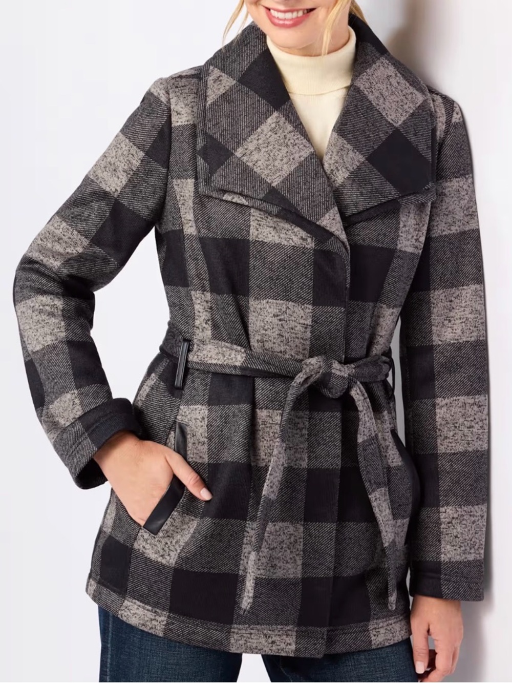 MO-KA Belted Plaid Knit Black Jacket - XS